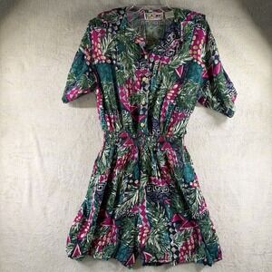 Vintage 90s CA Sport Tropical Romper Sz M Rayon Button Front Elastic Waist‎